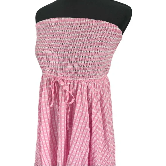 Sason Pink Gingham Strapless Smocked Handkerchief Hem Dress | XL - Picture 2 of 6